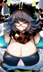 Rule 34 | 1girl, alternate breast size, arknights, arms under breasts, black hat, black scarf, breast hold, breasts, brown hair, checkered clothes, checkered scarf, cleavage, closed mouth, crossed arms, deepcolor (arknights), fake horns, floating clothes, gin moku, glasses, grey background, hat, highres, horned headwear, horns, huge breasts, jacket, looking at viewer, looking over eyewear, medium hair, off shoulder, open clothes, open jacket, orange eyes, outline, red-framed eyewear, red scarf, scarf, skindentation, smile, solo, two-sided fabric, two-sided jacket, two-tone scarf, upper body, white jacket
