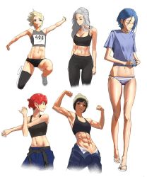 Rule 34 | 5girls, abs, arms at sides, arms up, blue hair, breasts, cleavage, clenched hands, flexing, full body, highres, jumping, looking at viewer, midriff peek, multiple girls, muscular, muscular female, navel, original, parted lips, red hair, short hair, sideboob, simple background, sports bra, sportswear, tbocart, white background