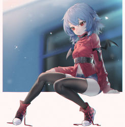 Rule 34 | 1girl, alternate costume, arm belt, bat wings, belt, black thighhighs, black wings, blue hair, blue shorts, blurry, blurry background, casual, full body, highres, iouley, jacket, long hair, long sleeves, pointy ears, red eyes, red footwear, red jacket, remilia scarlet, shoelaces, shoes, short shorts, shorts, sitting, solo, thighhighs, touhou, untied, wings