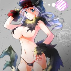 Rule 34 | 10s, 1girl, abs, alisa ilinichina amiella, armpits, blue eyes, blush, breasts, cabbie hat, female focus, god eater, hat, large breasts, long hair, looking at viewer, lowres, nude, panties, silver hair, solo, sweat, transpot nonoko, underboob, underwear