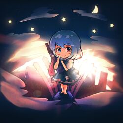 Rule 34 | 1girl, blue eyes, blue hair, chibi, closed mouth, commentary request, crescent moon, full body, heterochromia, highres, holding, holding umbrella, karakasa obake, looking at viewer, moon, night, night sky, red eyes, sky, smile, solo, standing, star (sky), star (symbol), tatara kogasa, tongue, touhou, umbrella, yoirone