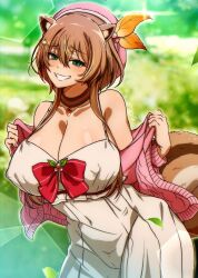 Rule 34 | 1girl, alternate breast size, animal ears, ayunda risu, ayunda risu (1st costume), beret, blush, breasts, brown hair, choker, cleavage, covered erect nipples, covered navel, dress, green eyes, hair ornament, hat, highres, hololive, hololive indonesia, huge breasts, long hair, looking at viewer, naoillus, off shoulder, pink hat, smile, solo, squirrel ears, squirrel girl, squirrel tail, tail, virtual youtuber