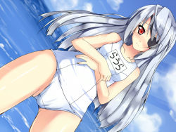 Rule 34 | 10s, 1girl, blush, clothes writing, cloud, day, eyepatch, infinite stratos, laura bodewig, long hair, name tag, one-piece swimsuit, red eyes, ryokushiki (midori-ya), school swimsuit, silver hair, solo, swimsuit, water, white school swimsuit, white one-piece swimsuit