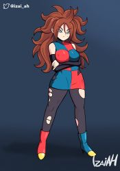 Rule 34 | 2022, absurdres, android 21, arms under breasts, blue eyes, brown hair, dragon ball, dragon ball fighterz, heels, highres, izaiah, leggings, long hair, looking at viewer, torn clothes