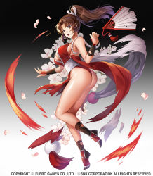 Rule 34 | 1girl, apple caramel, ass, bare shoulders, breasts, cleavage, commentary request, company connection, company name, fatal fury, flower, full body, gradient background, hand fan, highres, japanese clothes, large breasts, long hair, ninja, open mouth, pelvic curtain, petals, ponytail, revealing clothes, rope, shiranui mai, simple background, sleeveless, solo, surprised, the king of fighters, thighs, thong, torn clothes