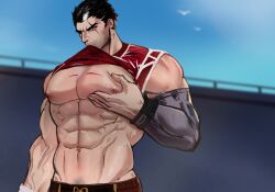 Rule 34 | 1boy, abs, absurdres, bara, biceps, bird, black hair, blurry, blurry background, clothes lift, darius (league of legends), feet out of frame, grabbing, highres, large pectorals, league of legends, long sleeves, male focus, manly, mature male, military vehicle, motor vehicle, multicolored hair, muscular, muscular male, nipples, outdoors, pants, pectoral grab, pectorals, pubic hair, red eyes, scar, scar on chest, shirt, shirt lift, silver (ordinary 1), sky, solo, spiked hair, tank, thick arms, thick eyebrows, upper body, veins, white hair