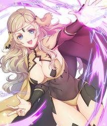Rule 34 | 1girl, ahoge, blonde hair, blue eyes, breasts, cape, circlet, cleavage, cleavage cutout, clothing cutout, covered navel, fire emblem, fire emblem fates, kokouno oyazi, long hair, medium breasts, navel, nintendo, open mouth, ophelia (fire emblem), simple background, solo, teeth, upper teeth only, wavy hair, white background