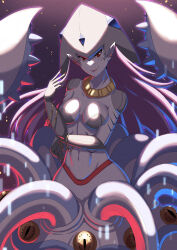 Rule 34 | 1girl, absurdres, arm under breasts, breasts, calamaramon, cephalopod eyes, cleavage, closed mouth, collar, collarbone, colored skin, commentary, digimon, digimon (creature), earrings, extra eyes, fingernails, gold bracelet, hand up, highres, horizontal pupils, jewelry, kotatsu (nukunuku), lips, long fingernails, long hair, looking at viewer, makeup, medium breasts, monster girl, navel, pale skin, pointy ears, purple hair, red eyes, scylla, smile, solo, squid girl, stomach, tentacles