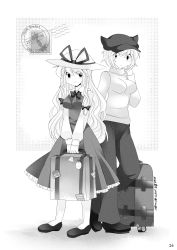 Rule 34 | 2girls, alternate costume, alternate headwear, bad id, bad pixiv id, breasts, character name, comic, contemporary, copyright name, dress, greyscale, hair ribbon, hammer (sunset beach), hat, hat with ears, long hair, long sleeves, looking at viewer, medium breasts, monochrome, multiple girls, postage stamp, ribbon, rolling suitcase, short hair, smile, suitcase, touhou, tress ribbon, v arms, yakumo ran, yakumo yukari