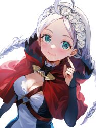 Rule 34 | 1girl, ahoge, black bridal gauntlets, blue eyes, braid, breasts, bridal gauntlets, capelet, fire emblem, fire emblem fates, hairband, harness, highres, hood, hooded capelet, jurge, looking at viewer, low twin braids, medium breasts, nina (fire emblem), nintendo, o-ring, o-ring harness, parted bangs, red hood, solo, twin braids, two-tone shirt, upper body, white background, white hair