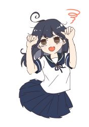 Rule 34 | 1girl, @ @, ahoge, black hair, blue sailor collar, blue skirt, commentary request, cropped legs, dancing, highres, kantai collection, long hair, looking at viewer, open mouth, sailor collar, school uniform, serafuku, simple background, skirt, solo, tsumorin (tumori), ushio (kancolle), white background