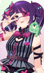 Rule 34 | 1girl, :p, absurdres, belt, belt buckle, blouse, blush, bow, bowtie, bracelet, breasts, buckle, character name, cleavage cutout, clothing cutout, commentary, diagonal bangs, eyepatch, grey shirt, hair bow, heart, highres, idolmaster, idolmaster shiny colors, jewelry, looking at viewer, medium breasts, medium hair, morumoru x, multicolored hair, nail polish, pink hair, pink nails, purple eyes, purple hair, shirt, sidelocks, solo, streaked hair, stuffed animal, stuffed toy, tanaka mamimi, tongue, tongue out, twintails, v, v over eye, white background