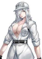 Rule 34 | 10s, 1girl, absurdres, baseball cap, belt, blouse, breasts, cleavage, clothes writing, collared shirt, cowboy shot, expressionless, grey eyes, hair over one eye, hat, hataraku saibou, hataraku saibou black, highres, large breasts, lips, long hair, looking at viewer, lynus, no bra, open clothes, open shirt, shirt, short sleeves, simple background, solo, standing, u-0001, u-1196, white background, white blood cell (hataraku saibou), white hair, white hat, white shirt