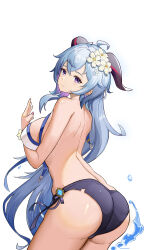 Rule 34 | 1girl, absurdres, ahoge, ass, bare arms, bare shoulders, bikini, blue hair, breasts, commentary request, cowboy shot, flower, ganyu (genshin impact), genshin impact, hair flower, hair ornament, highres, horns, large breasts, long hair, looking at viewer, niunai, purple eyes, side-tie bikini bottom, simple background, solo, standing, swimsuit, thighs, very long hair, white background, white flower