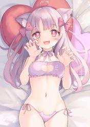 Rule 34 | 1girl, :d, ahoge, animal ear fluff, animal ears, bare arms, bare shoulders, bed sheet, blush, bow, bra, breasts, breasts apart, cat cutout, cat ear panties, cat ears, cat lingerie, claw pose, cleavage cutout, clothing cutout, commission, ear piercing, fang, frilled bra, frills, groin, hair bow, hands up, heart, heart-shaped pupils, heart ahoge, heart in eye, heart-shaped pillow, lying, medium breasts, meme attire, miyanome, nail polish, navel, on back, open mouth, original, panties, piercing, pillow, pink bra, pink nails, pink panties, red bow, red eyes, side-tie panties, skeb commission, smile, solo, symbol-shaped pupils, symbol in eye, underwear, underwear only