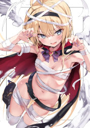 Rule 34 | 1girl, absurdres, ahoge, bandaged arm, bandaged chest, bandaged leg, bandages, belt, black belt, black footwear, black hairband, blonde hair, blue eyes, boots, breasts, cape, fingernails, hair between eyes, hairband, halloween, highres, looking at viewer, nail polish, navel, original, purple nails, red cape, short hair, small breasts, solo, thighhighs, toshizou (0714), white thighhighs, white wings, wings
