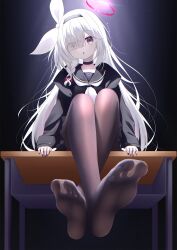 Rule 34 | 1girl, black choker, black eyes, black pantyhose, black sailor collar, blue archive, choker, desk, feet, female focus, foot focus, from below, hair over one eye, halo, highres, long hair, looking at viewer, no shoes, pantyhose, pink halo, plana (blue archive), sailor collar, school desk, sitting, solo, white hair, yottacc