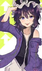 Rule 34 | 1other, androgynous, black hair, black shirt, frilled hat, frills, hat, hood, hooded jacket, jacket, len&#039;en, mob cap, off shoulder, puffy shorts, purple eyes, purple hair, purple jacket, shirt, shitodo kuroji, short hair, shorts, sleeveless, sleeveless shirt, smile, solo, tongue, tongue out, triangular headpiece, white shorts, wide sleeves, ximsol182
