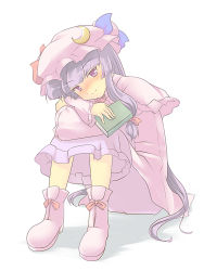 Rule 34 | 1girl, blush, book, bow, capelet, crescent, crossed arms, dress, female focus, full body, hair bow, hat, head tilt, hugging own legs, long hair, pale color, patchouli knowledge, pink dress, purple eyes, purple hair, sitting, smile, solo, tdk, touhou, white background
