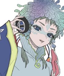 Rule 34 | 1other, androgynous, blue eyes, blue hair, facepaint, facial mark, feathers, forehead mark, gnosia, green eyes, green hair, headphones, long sleeves, looking at viewer, makeup, multicolored hair, raqio, solo, streaked hair, tattoo, upper body, user wahs4747