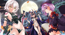 Rule 34 | 3girls, alcohol, ass, bandages, black panties, book, cup, detached sleeves, fate/apocrypha, fate/grand order, fate (series), flat chest, full moon, hat, helena blavatsky (fate), helena blavatsky (third ascension) (fate), horns, jack the ripper (fate/apocrypha), japanese clothes, looking at viewer, moon, multiple girls, navel, panties, purple eyes, purple hair, sakazuki, sake, shirosuzu, short hair, shuten douji (fate), shuten douji (first ascension) (fate), silver hair, smile, thighhighs, underwear