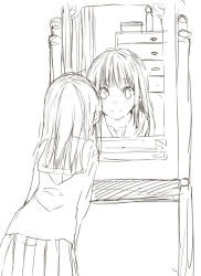 Rule 34 | 1girl, chest of drawers, drawer, face, greyscale, mirror, monochrome, morii shizuki, original, school uniform, serafuku, sketch, smile, solo
