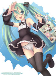 Rule 34 | 1girl, aqua hair, bow, bow panties, detached sleeves, goth fashion, hatsune miku, long hair, one eye closed, panties, project diva, project diva (series), ryo (botugo), solo, striped clothes, striped panties, thighhighs, twintails, underwear, very long hair, vocaloid, wink