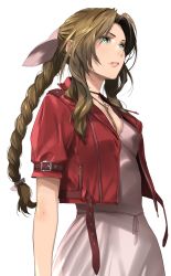 Rule 34 | 1girl, aerith gainsborough, arms at sides, bow, braid, brown hair, dress, enami katsumi, final fantasy, final fantasy vii, final fantasy vii remake, from below, from side, green eyes, hair bow, highres, jacket, lips, parted lips, pink bow, pink dress, red jacket, sidelocks, solo, square enix, white background