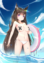 Rule 34 | 1girl, absurdres, amagi (azur lane), animal ears, azur lane, bad id, bad pixiv id, bandaid, bandaids on nipples, bare arms, bare shoulders, bikini, blue sky, blunt bangs, breasts, brown hair, catnnn, closed mouth, cloud, collarbone, commentary request, covered erect nipples, cross pasties, day, fox ears, groin, highres, holding, holding swim ring, innertube, large breasts, long hair, looking at viewer, navel, outdoors, pasties, side-tie bikini bottom, sky, solo, standing, swim ring, swimsuit, tape, tape on nipples, thick eyebrows, topless, wading, water, water drop, white bikini