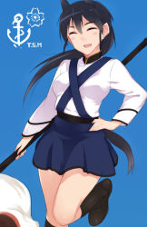 Rule 34 | 1girl, ^ ^, alternate costume, animal ears, black hair, blue background, blush, broom, closed eyes, earrings, em (totsuzen no hakike), hand on own hip, jewelry, kitagou fumika, leg up, long hair, open mouth, ponytail, skirt, smile, strike witches, strike witches zero, tail, world witches series