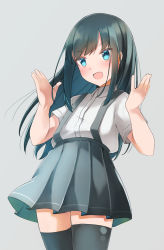 Rule 34 | 1girl, asashio (kancolle), black hair, black thighhighs, blue eyes, blush, comah, cowboy shot, grey background, grey skirt, hands up, kantai collection, long hair, open mouth, pleated skirt, shirt, short sleeves, simple background, skirt, smile, solo, suspender skirt, suspenders, thighhighs, white shirt
