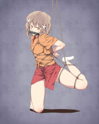 10s 1girl angry bdsm bit_gag blush bondage bound brown_eyes brown_hair crotch_rope female_focus flower gag gagged hair_flower hair_ornament hanasaku_iroha highres japanese_clothes matsumae_ohana sakuraba_tsukasa saliva shibari short_hair solo suspension