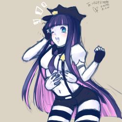 Rule 34 | 10s, 1girl, blue eyes, blush, colored inner hair, drawfag, fingerless gloves, gloves, hat, long hair, lowres, multicolored hair, navel, necktie, one eye closed, panty &amp; stocking with garterbelt, peaked cap, pink hair, puffy short sleeves, puffy sleeves, purple hair, short shorts, short sleeves, shorts, solo, stocking (psg), striped clothes, striped thighhighs, thighhighs, tickling, two-tone hair, wink