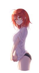 Rule 34 | 1girl, ahoge, black panties, cropped legs, fate/grand order, fate (series), fujimaru ritsuka (female), hair between eyes, highres, looking to the side, medium hair, orange eyes, orange hair, panties, parted lips, redrabbit44, shirt, short sleeves, simple background, solo, standing, t-shirt, underwear, white background, white shirt