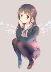 Rule 34 | 1girl, arm rest, bad id, bad pixiv id, black pantyhose, blue jacket, blue skirt, blush, brown eyes, brown hair, collarbone, expressionless, finger to face, green ribbon, grey background, hair ornament, hairclip, hand on own cheek, hand on own face, jacket, loafers, long sleeves, looking at viewer, low twintails, open clothes, open jacket, original, ousaka nozomi, pantyhose, pink sweater, purple background, ribbon, school uniform, serafuku, shoes, short hair, simple background, skirt, solo, squatting, sweater, twintails, undershirt