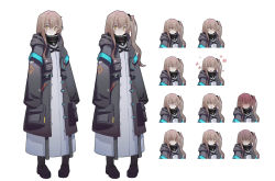 Rule 34 | 1girl, absurdres, alternate hairstyle, anger vein, arknights, black footwear, blush, boots, brown hair, closed eyes, closed mouth, coat, crying, crying with eyes open, doctor (arknights), expression chart, girls&#039; frontline, hair between eyes, half-closed eyes, highres, hood, hood down, koorihibari, long hair, looking at viewer, one side up, open mouth, scar, scar across eye, scar on face, simple background, sleeves past fingers, sleeves past wrists, smile, standing, tears, tongue, tongue out, ump45 (girls&#039; frontline), white background