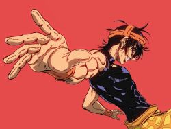 Rule 34 | 1boy, abs, bare arms, bare shoulders, black hair, commentary request, foreshortening, grin, headband, ishimoto shun&#039;ichi, jojo no kimyou na bouken, looking to the side, male focus, messy hair, narancia ghirga, official style, orange skirt, outstretched arm, outstretched hand, perspective, purple eyes, red background, short hair, sideways glance, simple background, skin tight, skirt, sleeveless, smile, solo, symbol-only commentary, toned, toned male, vento aureo, wristband