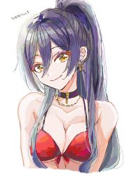 Rule 34 | 1girl, bare shoulders, bikini, black hair, breasts, choker, cleavage, collarbone, cropped torso, earrings, eyelashes, highres, idolmaster, idolmaster shiny colors, jewelry, looking at viewer, paddy field, ponytail, red bikini, shirase sakuya, simple background, sketch, smile, solo, swimsuit, upper body