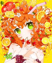 Rule 34 | 1girl, apple, bare shoulders, breasts, bubble, closed mouth, curly hair, drinking straw, finger to mouth, flower, food, food on head, fruit, fruit on head, grapes, green eyes, hair flower, hair fruit, hair ornament, highres, leaf, leaf hair ornament, lemon, lemon slice, light blush, looking at viewer, medium breasts, medium hair, object on head, orange (fruit), orange hair, orange slice, original, ouchi kaeru, plant, solo, strawberry, upper body, vines, yellow background