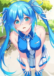 Rule 34 | 1girl, bare shoulders, blue eyes, blue hair, blush, boots, breasts, foreshortening, hatsune miku, highres, inue ao, long hair, looking at viewer, medium breasts, necktie, open mouth, pocari sweat, ribbon, skirt, sleeveless, solo, sweat, thigh boots, twintails, very long hair, vocaloid, white necktie
