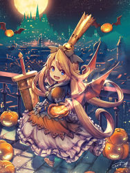 Rule 34 | 1girl, :d, absurdres, bat wings, blue gloves, blush, bow, castle, charlotta (granblue fantasy), city lights, cityscape, commentary, crown, from side, gloves, granblue fantasy, grey bow, hair bow, halloween, halloween costume, hat, highres, jack-o&#039;-lantern, kotoribako, looking at viewer, looking to the side, night, night sky, open mouth, railing, romaji commentary, scenery, signature, skirt, sky, smile, solo, standing, sword, weapon, white skirt, wings