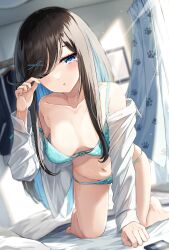 Rule 34 | 1girl, aqua bra, aqua panties, bed, black hair, blue eyes, blue hair, blush, bra, breasts, breasts apart, cellphone, clothes hanger, collarbone, curtains, hair ornament, highres, igayan, indoors, long hair, looking at viewer, medium breasts, mole, mole under eye, navel, off shoulder, one eye closed, original, panties, parted lips, paw print, phone, picture frame, rubbing eyes, shirt, smartphone, solo, stomach, sunlight, swept bangs, underwear, waking up, white shirt, x hair ornament