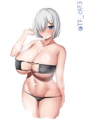 Rule 34 | 1girl, bare shoulders, bikini, black bikini, blue eyes, blush, breasts, closed mouth, collarbone, commentary request, cowboy shot, cropped legs, eyepatch bikini, grey hair, hair ornament, hair over one eye, hairclip, hamakaze (kancolle), hand up, highres, huge breasts, kantai collection, looking at viewer, navel, one-hour drawing challenge, parted bangs, short hair, sidelocks, simple background, solo, steaming body, sweat, swimsuit, tf cafe, twitter username, underboob, white background
