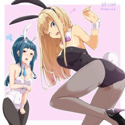 Rule 34 | &gt;:o, 2girls, :o, ;o, alessandra susu, alternate costume, alternate hairstyle, angry, animal ears, ass, back, bare shoulders, black legwear, black leotard, blonde hair, blue eyes, blue hair, blue necktie, blush, bow, bowtie, breasts, character name, cleavage, clenched hand, covered navel, cowboy shot, dark-skinned female, dark skin, detached collar, earrings, fake animal ears, fake tail, from side, glint, grey legwear, hair tie, hair up, hairband, hand up, heart, high heels, high ponytail, holding own arm, hoop earrings, jewelry, kemonomimi mode, kichihachi, large breasts, leaning forward, leg lift, legs apart, legs together, leotard, long hair, looking at viewer, looking back, medium breasts, mole, mole under eye, multiple girls, necktie, nose blush, one eye closed, open mouth, out of frame, outline, pantyhose, pink eyes, playboy bunny, ponytail, purple background, purple bow, purple bowtie, rabbit ears, seamed legwear, shoes, short eyebrows, short necktie, sideboob, sidelocks, simple background, spoken heart, spoken squiggle, squiggle, standing, strapless, strapless leotard, tail, tan, tanline, tendouji musubi, thigh gap, tokyo 7th sisters, twitter username, v-shaped eyebrows, white leotard, wince, wrist cuffs