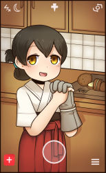 Rule 34 | 1girl, artist name, blush, brown gloves, brown hair, eyebrows, gloves, highres, jacy, kantai collection, looking at viewer, open mouth, potato, red skirt, short hair, skirt, smile, snapchat, solo, taiyou (kancolle), yellow eyes