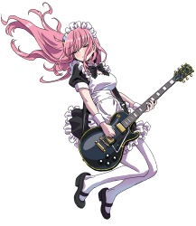 Rule 34 | 1girl, absurdres, alternate costume, apron, black bow, black bowtie, black dress, black footwear, bocchi the rock!, bow, bowtie, breasts, closed eyes, dress, electric guitar, enmaided, frilled apron, frilled dress, frills, full body, gibson les paul, gotoh hitori, guitar, highres, instrument, jacket, maid, maid headdress, mary janes, medium breasts, pantyhose, pink jacket, shoes, simple background, solo, white apron, white background, white pantyhose, wrist cuffs, yamashita shun&#039;ya