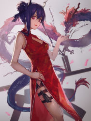 Rule 34 | 1girl, aito, arknights, bare arms, bare shoulders, blue hair, breasts, ch&#039;en (ageless afterglow) (arknights), ch&#039;en (arknights), china dress, chinese clothes, cleavage cutout, clothing cutout, commentary request, dragon, dragon horns, dragon tail, dress, eastern dragon, grey background, hair bun, hand up, highres, horns, long hair, looking at viewer, official alternate costume, open mouth, red dress, red eyes, side slit, sidelocks, single hair bun, sleeveless, sleeveless dress, small breasts, solo, standing, tail, thighs