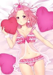 Rule 34 | 1girl, :o, aimori meguru, babydoll, bad id, bad pixiv id, bangs pinned back, bed sheet, blush, bow, breasts, collarbone, cowboy shot, earrings, fingernails, frilled panties, frills, fur trim, gluteal fold, groin, hair ornament, hairclip, heart, heart hair ornament, heart-shaped pillow, highres, holding, jewelry, long fingernails, looking at viewer, lying, medium breasts, navel, on back, on bed, original, panties, pillow, pink bow, pink eyes, pink hair, pink panties, polka dot, polka dot bow, pom pom (clothes), see-through, short hair, solo, stomach, strap slip, striped, striped bow, thigh gap, underwear, underwear only, wrist cuffs