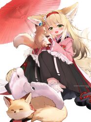 Rule 34 | 1girl, :d, animal, animal ear fluff, animal ears, apron, arknights, black hakama, blonde hair, blush, bobby socks, coin purse, commentary request, feet, floral print, flower, foot focus, fox, fox ears, fox girl, fox tail, frilled apron, frills, green eyes, hair flower, hair ornament, hairband, hakama, hakama skirt, hehehzb, highres, holding, holding animal, japanese clothes, kimono, kitsune, kyuubi, long sleeves, multicolored hair, multiple tails, no shoes, official alternate costume, oil-paper umbrella, okobo, open mouth, pink kimono, pleated skirt, red hairband, red umbrella, sandals, unworn sandals, skirt, smile, socks, solo, suzuran (arknights), suzuran (yukibare) (arknights), tabi, tail, two-tone hair, umbrella, waist apron, white apron, white hair, white socks, wide sleeves, yagasuri