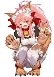 Rule 34 | 1girl, alternate costume, animal ear fluff, animal ears, animal hands, apron, bell, blush, breasts, cat paws, cleavage, collar, dress, enmaided, fang, fangs, fate/grand order, fate (series), fox ears, fox girl, fox tail, gloves, hair ribbon, highres, jingle bell, large breasts, long hair, looking at viewer, maid, maid apron, maid headdress, neck bell, one eye closed, open mouth, paw gloves, paw shoes, pink hair, ponytail, rahato, red ribbon, ribbon, shoes, simple background, solo, tail, tamamo (fate), tamamo cat (fate), tamamo cat (second ascension) (fate), v, waist apron, white background, white legwear, yellow eyes